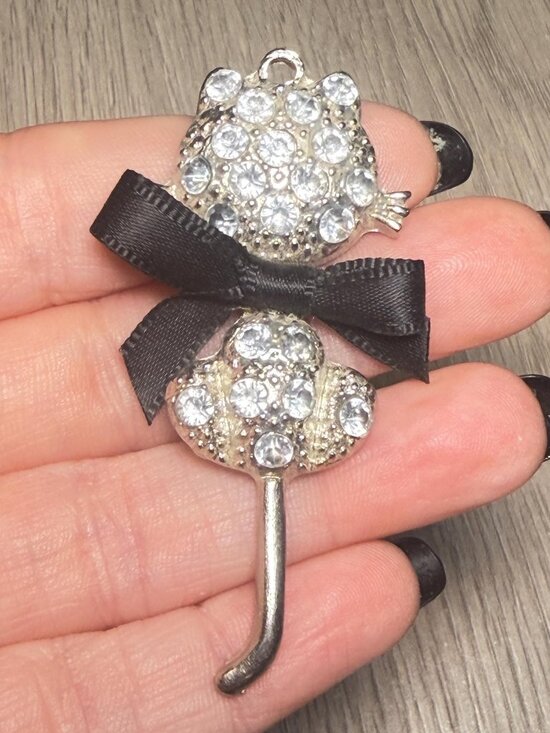 Jewelry - Cat Pendant OOAK Vintage Rhinestone Black Bow Kitty Charm Silver Tone 2.5"